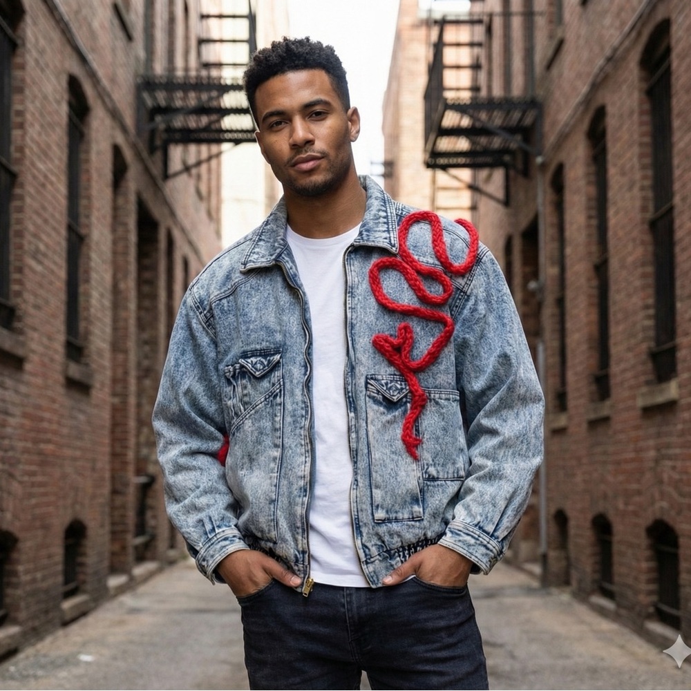 Men's Blue Denim Jacket with Red Detailing